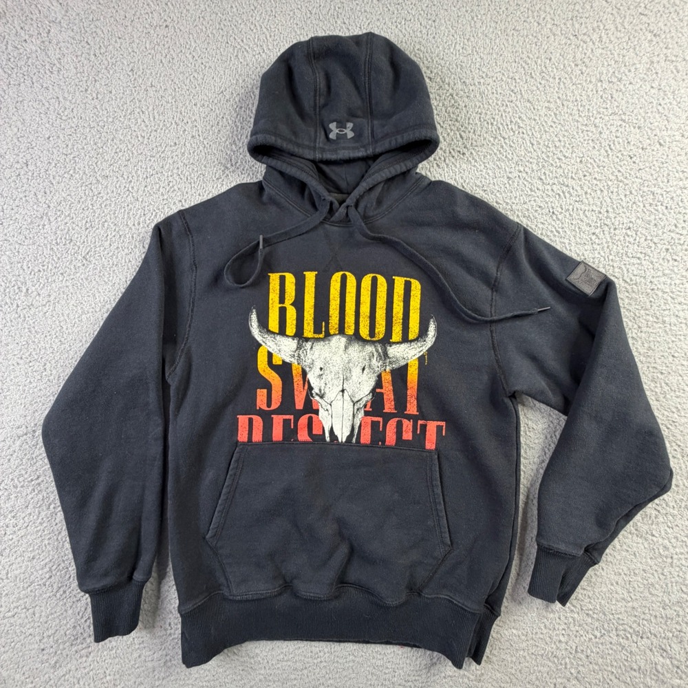 Under Armour Project Rock Blood Sweat Respect Bull Skull Black Hoodie Mens Small